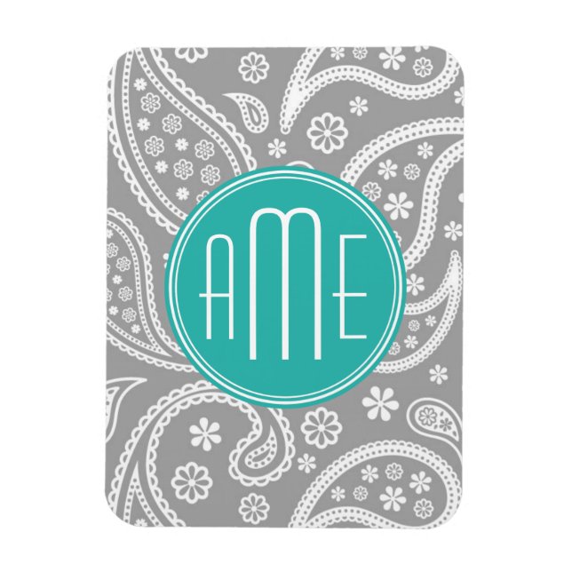 Chic Blommigt Grått Paisley Mönster och Blue Monog Magnet (Vertikal)