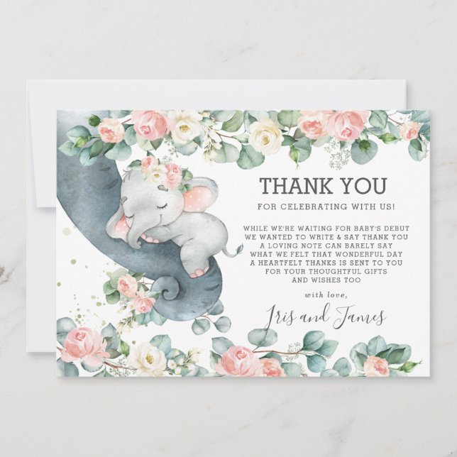 Chic Blommigt Greenery Elephant Baby Shower Girl Tack Kort (Framsida)