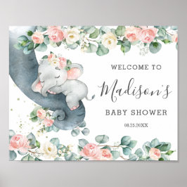 Chic Blommigt Greenery Elephant Baby Shower Välkom Poster
