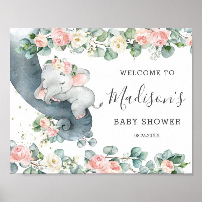Chic Blommigt Greenery Elephant Baby Shower Välkom Poster (Framsidan)