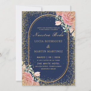 Chic Blommigt Guld ram, Glitter Nuestra Boda Inbjudningar