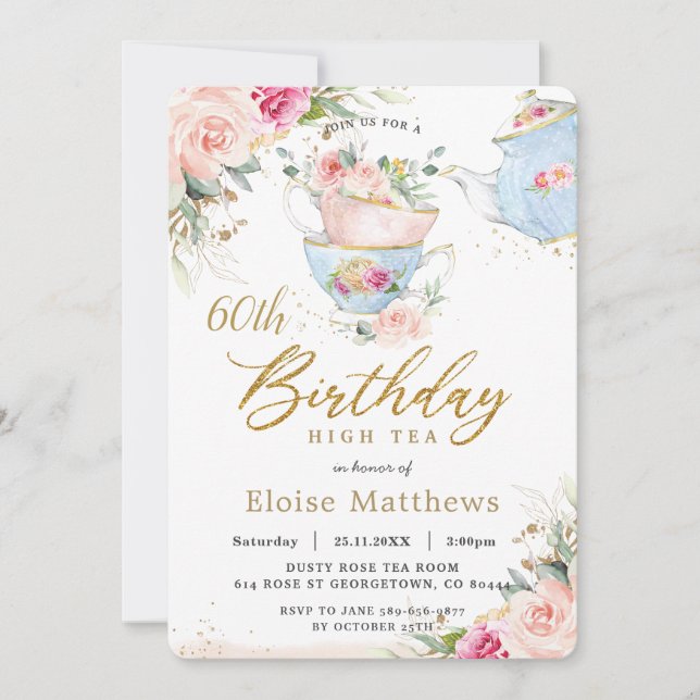 Chic  Blommigt High Tea 60:e Födelsedagsfesten Inbjudningar (Framsida)