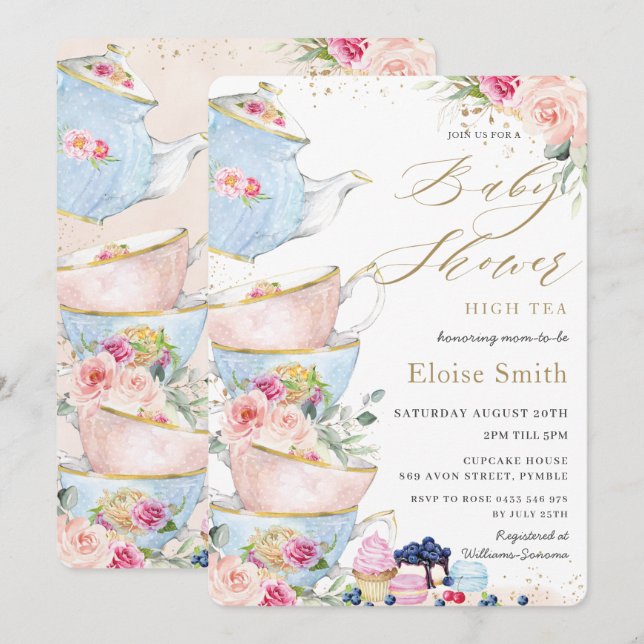 Chic  Blommigt High Tea Party Baby Shower Inbjudningar (Fram/baksida)