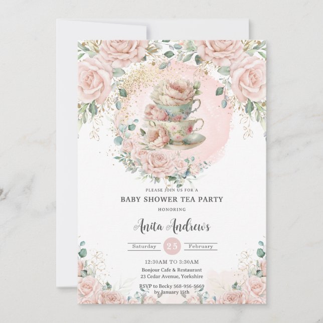 Chic  Blommigt High Tea Party Baby Shower Inbjudningar (Framsida)