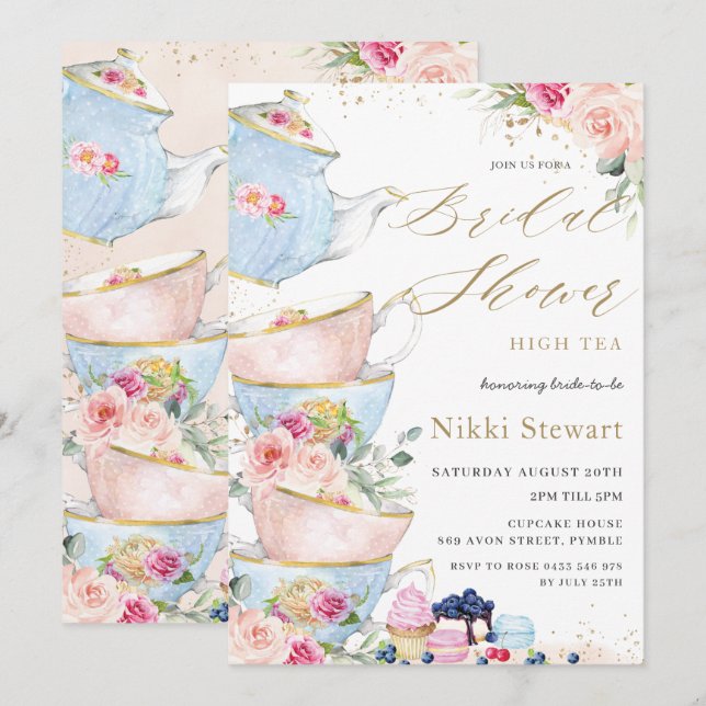 Chic  Blommigt High Tea Party Möhippa Inbjudningar (Fram/baksida)