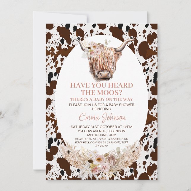 Chic Blommigt Höland Cow Cowhide Baby Shower Inbjudningar (Framsida)