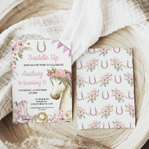 Chic Blommigt Horse eller Pony Saddle Up Birthday Inbjudningar