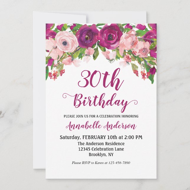 Chic Blommigt Lila Rosa Watercolor Birday-skript Inbjudningar (Framsida)