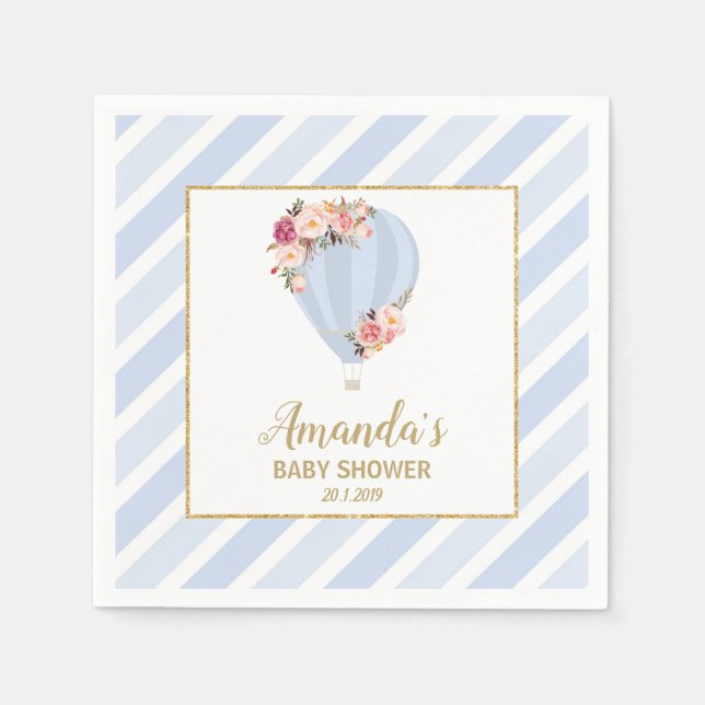Chic Blommigt Luftballong Pojke Shower Blue Pappersservett (Framsidan)