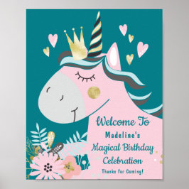 Chic Blommigt Magic Unicorn Girly Birthday Välkomm Poster