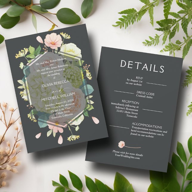 Chic Blommigt Mörk Bröllop alla i ett Inbjudningar (Chic Florals Dark All in One Wedding Invitations with your details on the back)
