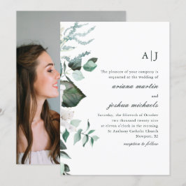 Chic Blommigt och Greenery Monogram Photo Bröllop  Inbjudningar