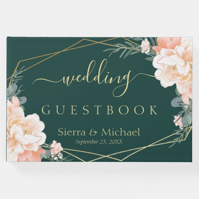 Chic Blommigt Peach Cream Guld Emerald Grönt Bröll Gästböcker (Framsida)