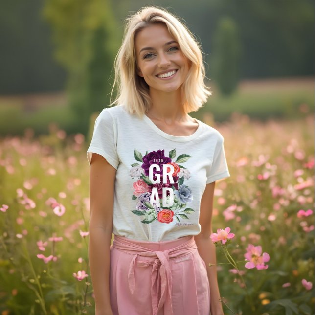 Chic Blommigt Peonies Ro Blommarna Studenten T Shirt (Chic Floral Peonies Rose Blossoms Graduation Tri-Blend Shirt)