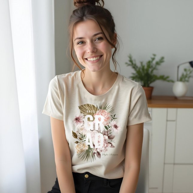 Chic Blommigt Peonies Ro Blommarna Studenten T Shirt (Chic Floral Peonies Rose Blossoms Graduation Tri-Blend Shirt)