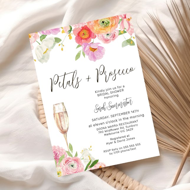 Chic Blommigt Petals Prosecco QR Code Möhippa Inbjudningar (Floral Petals and Prosecco bridal Shower Invitation Template, Champagne Petals Prosecco QR Code)
