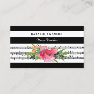 Chic Blommigt Piano Teacher Modern Musik noter Visitkort