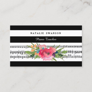 Chic Blommigt Piano Teacher Modern Musik noter Visitkort