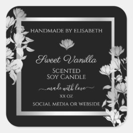 Chic Blommigt produktförpackningsetiketter Svart S Fyrkantigt Klistermärke