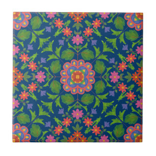 Chic Blommigt Rangoli Deep Blue Ceramic Tile Kakelplatta