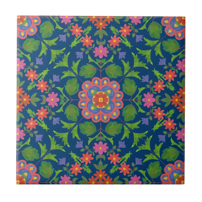 Chic Blommigt Rangoli Deep Blue Ceramic Tile Kakelplatta (Framsidan)