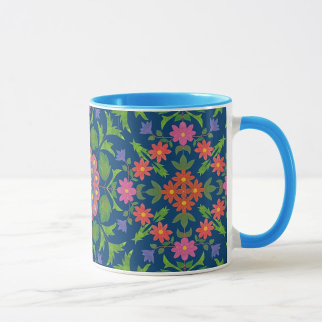 Chic Blommigt Rangoli Deep Blue Ringer Coffee Mugg (Höger)