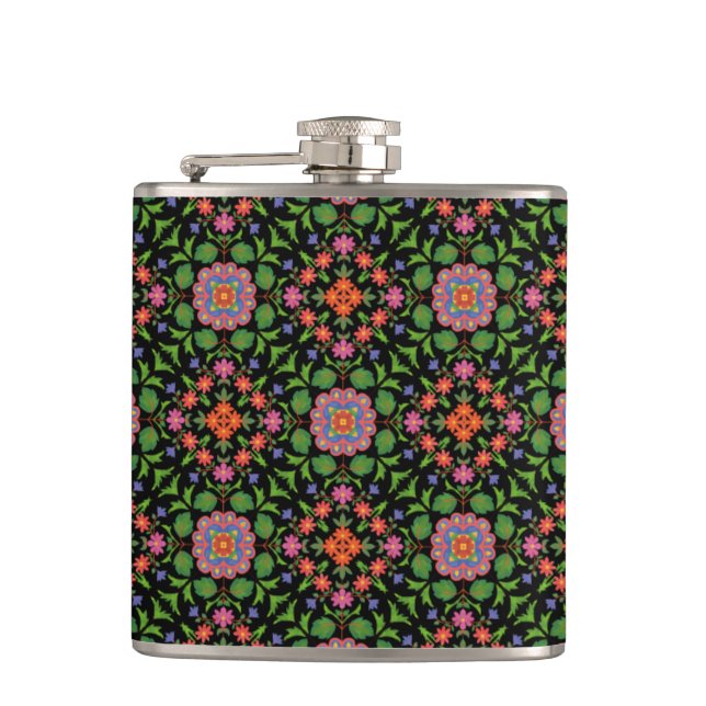 Chic Blommigt Rangoli Mönster på svart höftkolv Fickplunta (Framsidan)