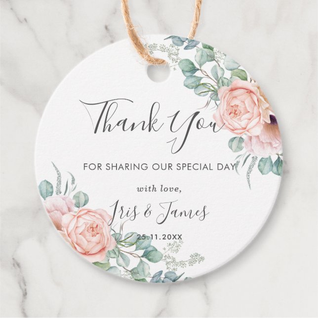 Chic  Blommigt Ro Grey Bröllop Tack Gåvor Etiketter (Framsida)