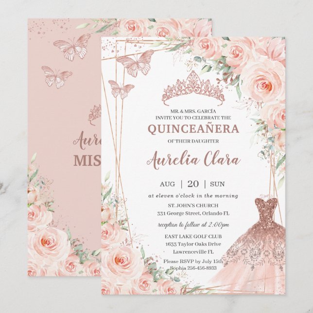 Chic  Blommigt Ro Guld Dress Gown Quinceañera Inbjudningar (Fram/baksida)