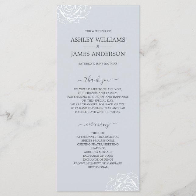 Chic Blommigt Ro Ice Blue Simple Minimal Bröllop Program (Framsida)