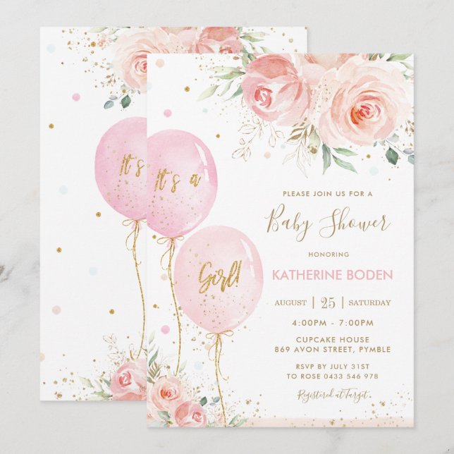 Chic  Blommigt Rosa Balloons Guld Baby Shower Inbjudningar (Fram/baksida)