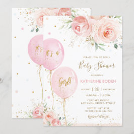 Chic  Blommigt Rosa Balloons Guld Baby Shower Inbjudningar