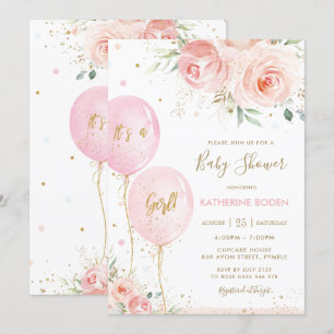 Chic Blommigt Rosa Balloons Guld Baby Shower Inbjudningar