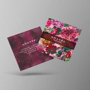 Chic blommigt rosa Burgundy lila glitter monogram Fyrkantigt Visitkort