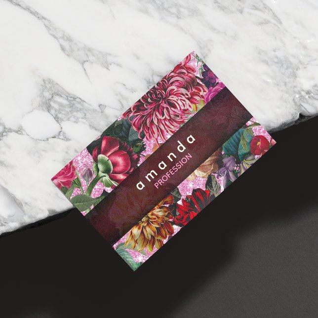 Chic blommigt rosa Burgundy lila glitter monogram Magnetiska Visitkort (Skapare uppladdad)