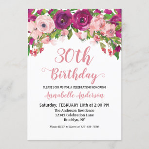 Chic Blommigt  Rosa Lila Watercolor Birthday Inbjudningar