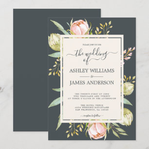 Chic Blommigt Rosa Peony Botanical Offblack Bröllo Inbjudningar