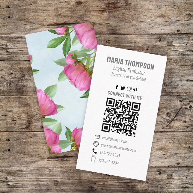 Chic Blommigt Rosa Peony Professionell QR Kod enke Visitkort (Skapare uppladdad)
