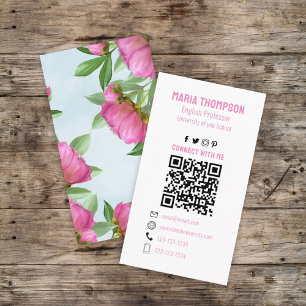 Chic Blommigt Rosa Peony Professionell QR-kod Visitkort