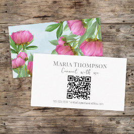 Chic Blommigt Rosa Peony Professionell QR-kod Visitkort
