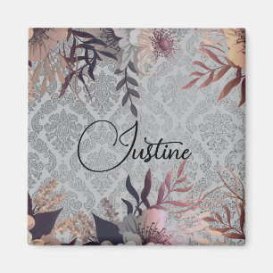 Chic Blommigt Silver Damask Personlig Magnet