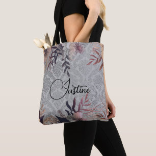 Chic Blommigt Silver Damask Personlig Tygkasse