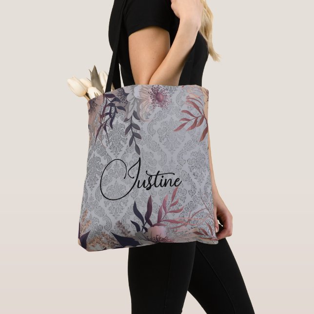 Chic Blommigt Silver Damask Personlig Tygkasse (Närbild)