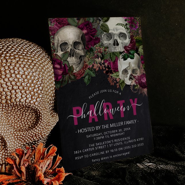 Chic Blommigt Skull Elegant Halloween fest Inbjudningar (Skapare uppladdad)