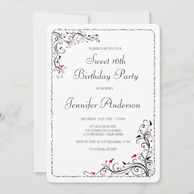 Chic Blommigt Swirls Sweet 16th/Hennes Födelsedags Inbjudningar (Framsida)