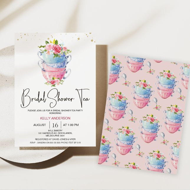 Chic Blommigt Tea Kopp Tea Party Möhippa Inbjudningar (Bridal Tea Party Invitation, Floral High Tea Shower Invite, Tea Cups Floral Bridal Shower Invite, )