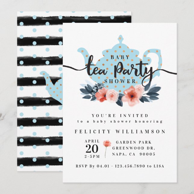 Chic Blommigt Tea Party Boy Shower-inbjudan till b Inbjudningar (Fram/baksida)