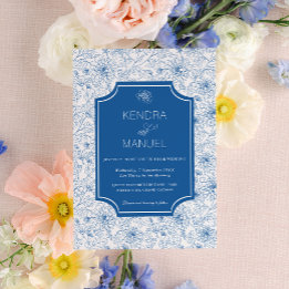 Chic Blommigt Toile Fransk Blue Bröllop Inbjudningar