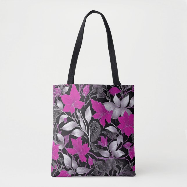 Chic Blommigt Tote Bag med Rosa och Silver Löv Tygkasse (Framsida)