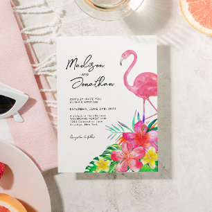 Chic Blommigt Tropical Paradise Flamingo Bröllop Inbjudningar